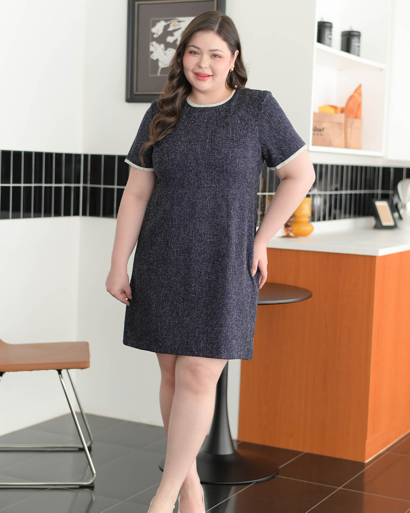 CB609 Benzy Dress 圓領拼色小香風修腰A字連身裙 - Black 黑色 (Oversized)