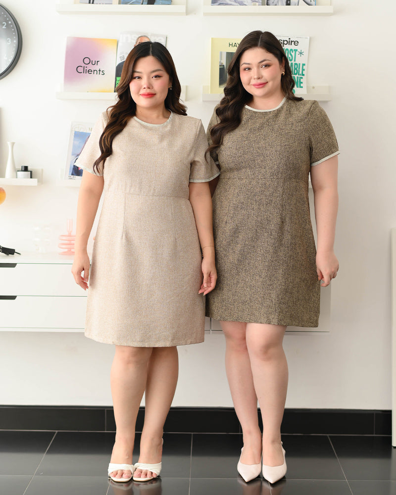 CB609 Benzy Dress 圓領拼色小香風修腰A字連身裙 - Beige 米色 (Oversized)