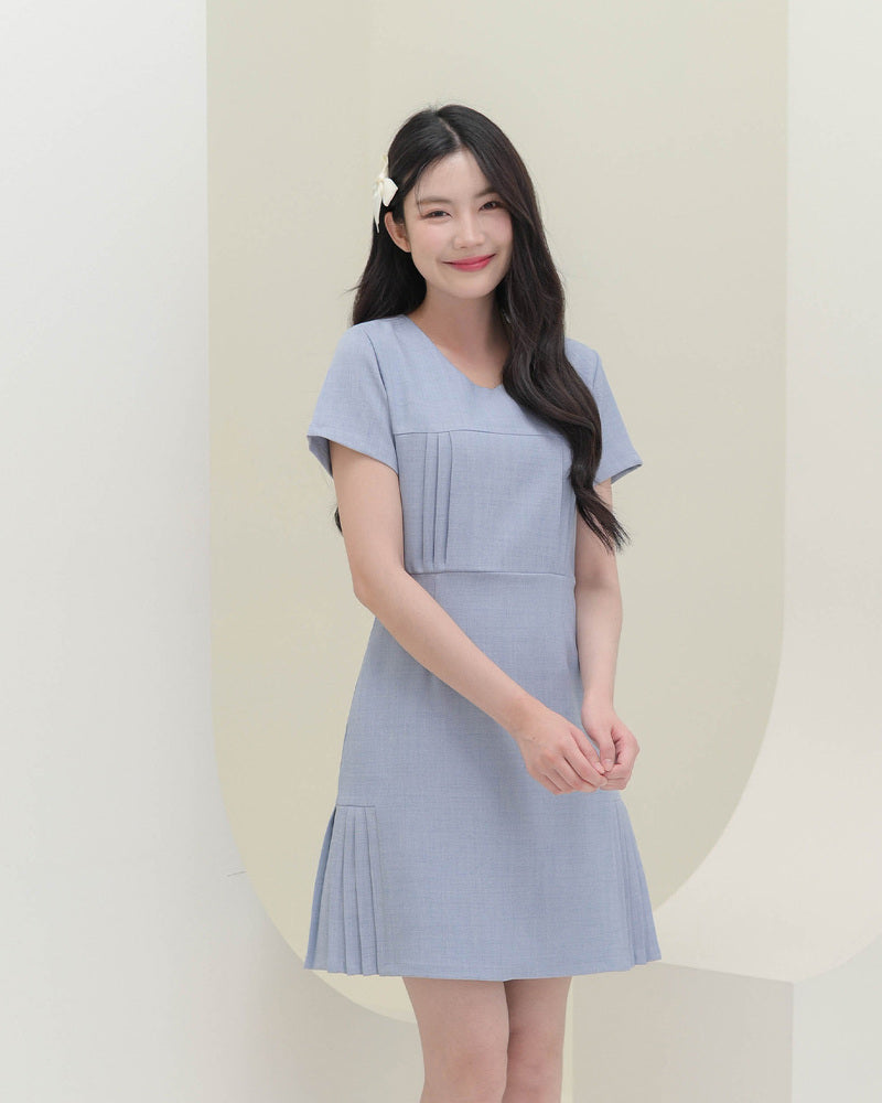 CB687 Nuna Dress -氣質圓領麻質布料連身裙- Grey Blue 藍灰色