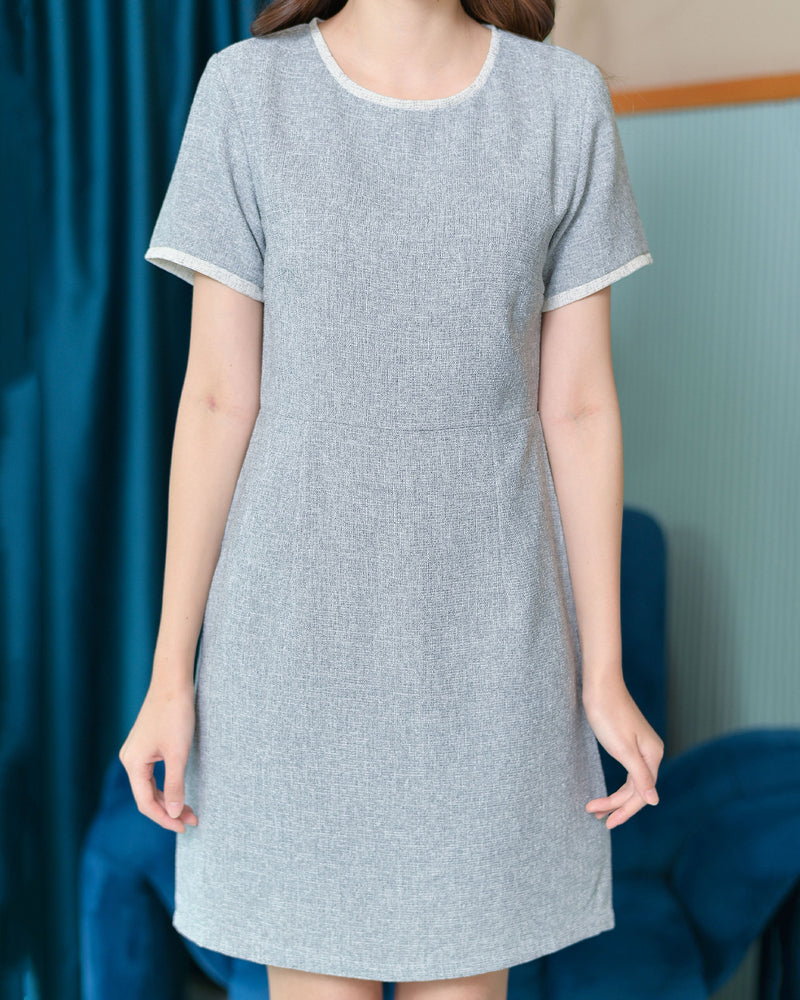 CB609 Benzy Dress 圓領拼色小香風修腰A字連身裙 - Gray 淺灰色