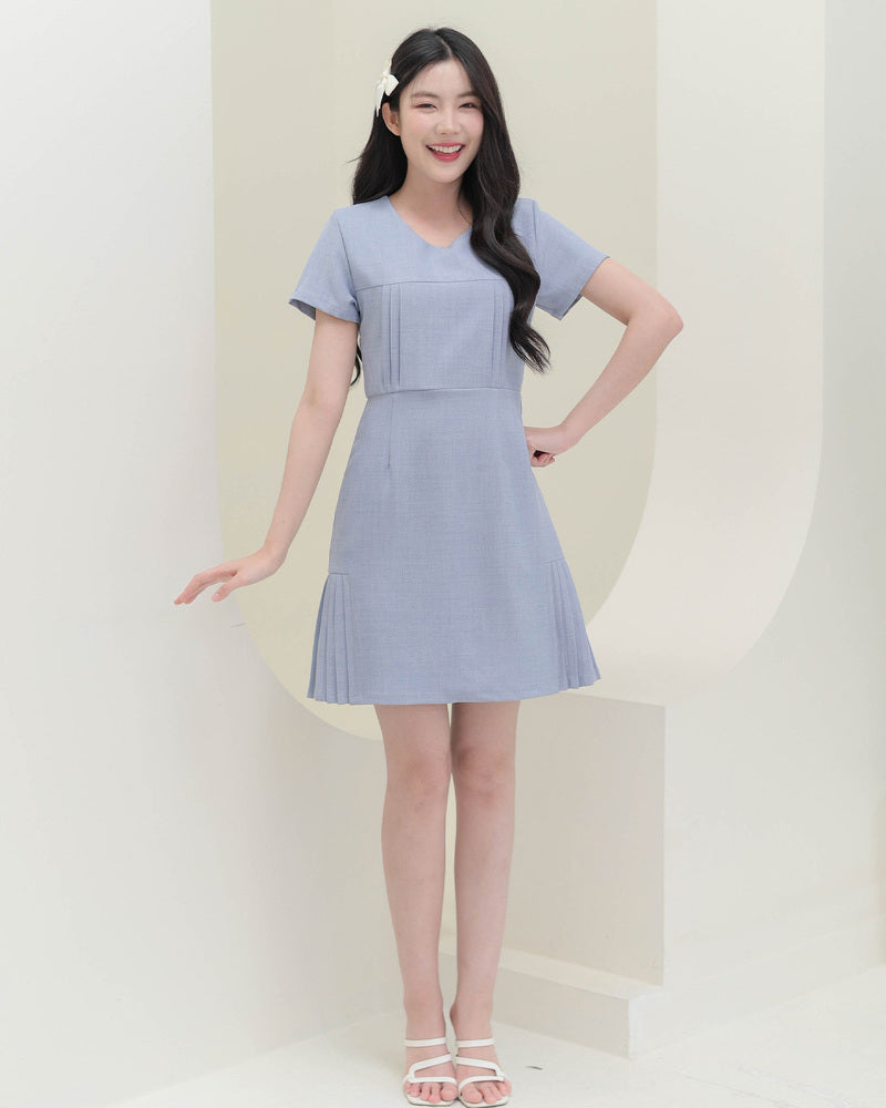 CB687 Nuna Dress -氣質圓領麻質布料連身裙- Grey Blue 藍灰色