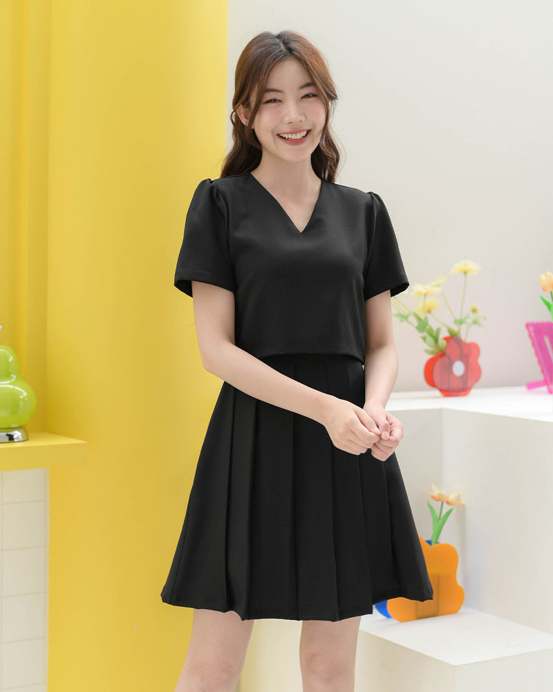 CB686 Mira Dress - 仿兩件百褶連身裙- Black 黑色