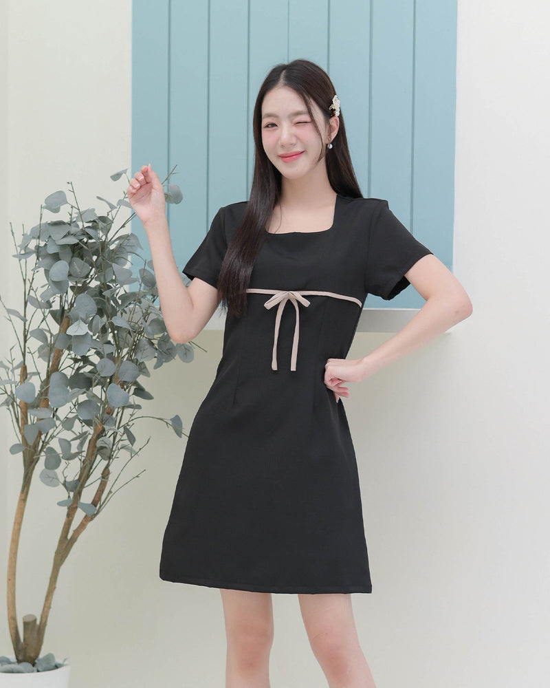 Bamboo Dress -簡潔小腰帶配襯連身裙- Black 黑色 (CB690)