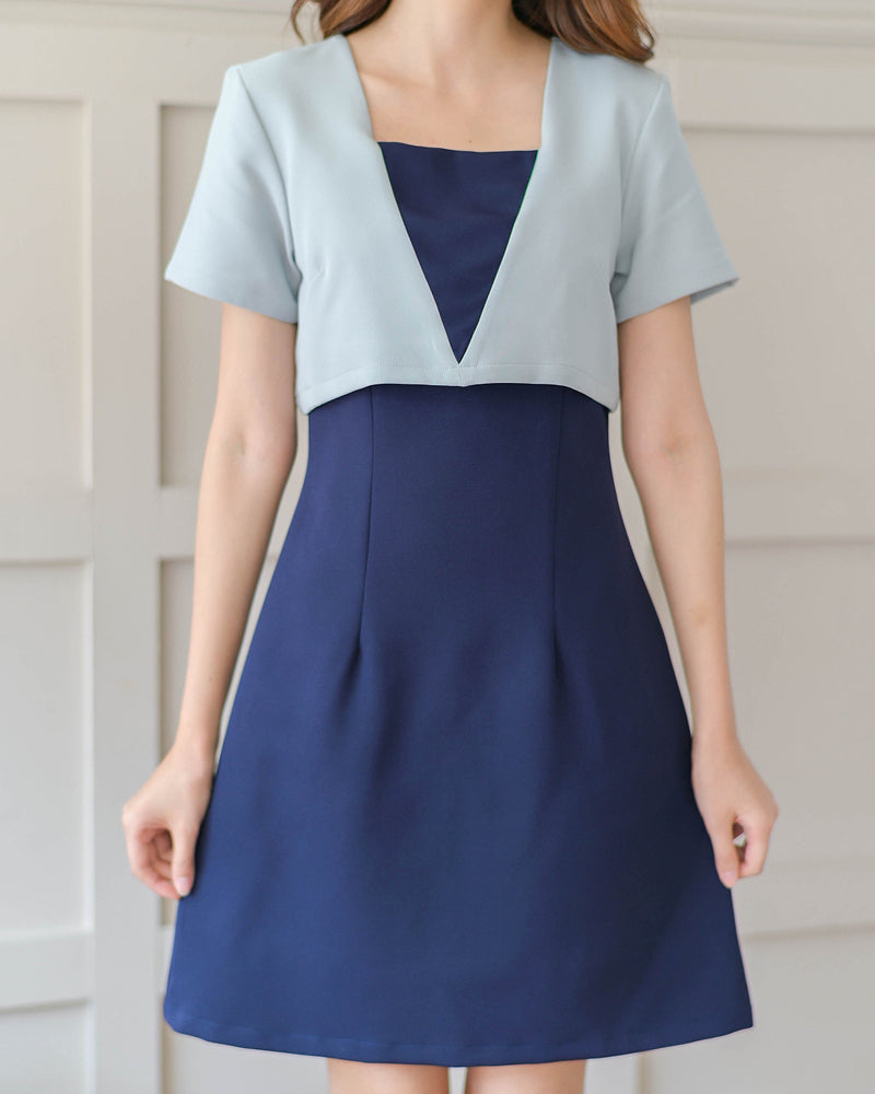 <已補貨> Pluto Dress 特色仿兩件拼色A型連身裙 - Navy 深藍色 (CB611)
