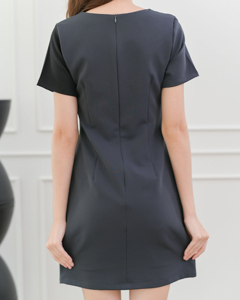 Sand Dress 兩色短袖拼接修腰連身裙 - Black Gray 黑灰色 (CB537)