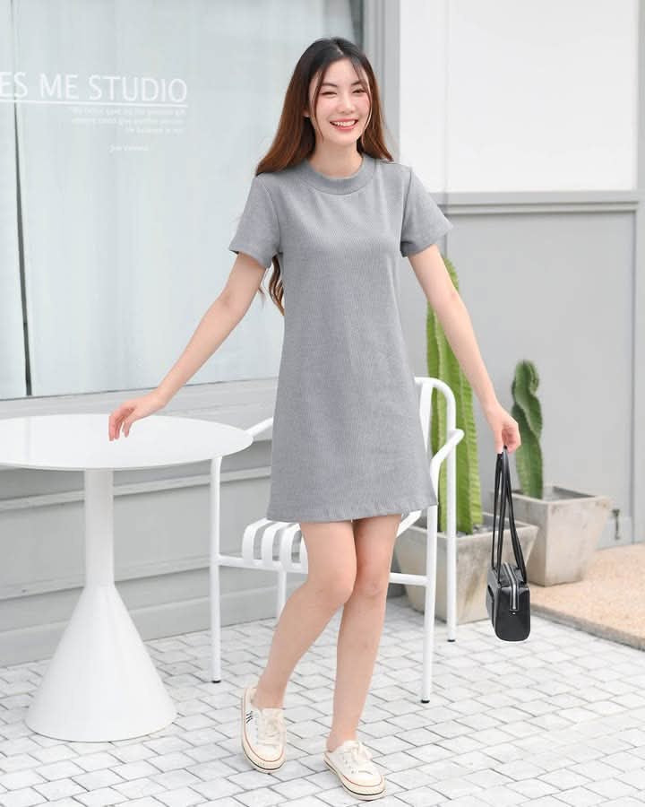 Ninie Dress 休閑彈性純色連身裙 - Gray 灰色 (CB644)