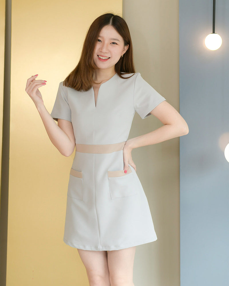 Vanisa Dress 柔軟V領雙色連身裙 - Light Gray 淺灰色 (CB552)