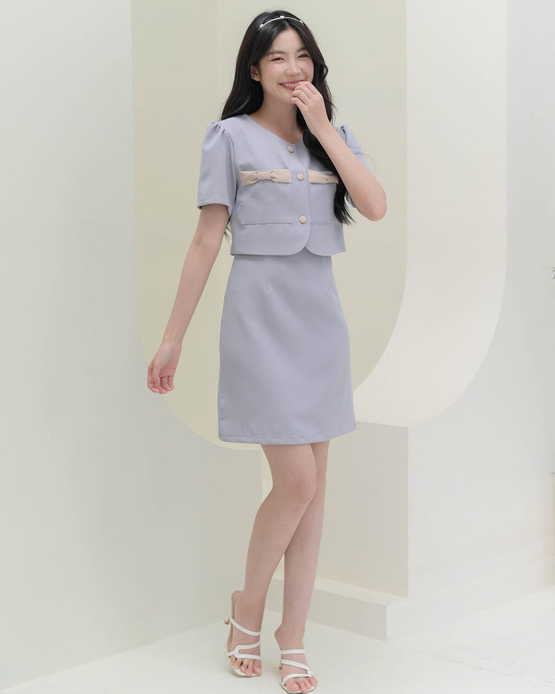 Bomin Dress -氣質仿兩件套裝連身裙- Grey Blue 灰藍色 (CB689)