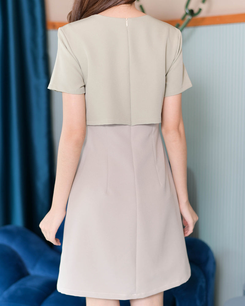 Pluto Dress 特色仿兩件拼色A型連身裙 - Nude Matcha 米綠色 (CB611)