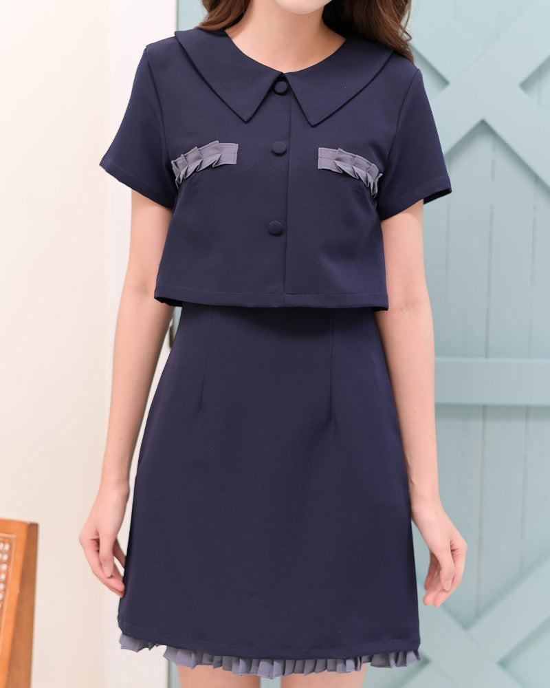 CB645 Party Dress 小摺領口仿兩件A字連身裙 - Navy 深藍色