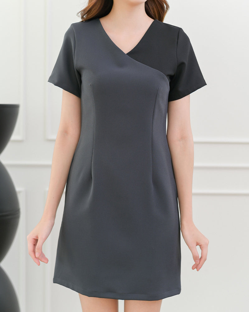Sand Dress 兩色短袖拼接修腰連身裙 - Black Gray 黑灰色 (CB537)