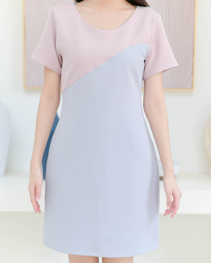 Kate Dress 拼色圓領修身連身裙- Light Blue 淺藍色 (CB622)