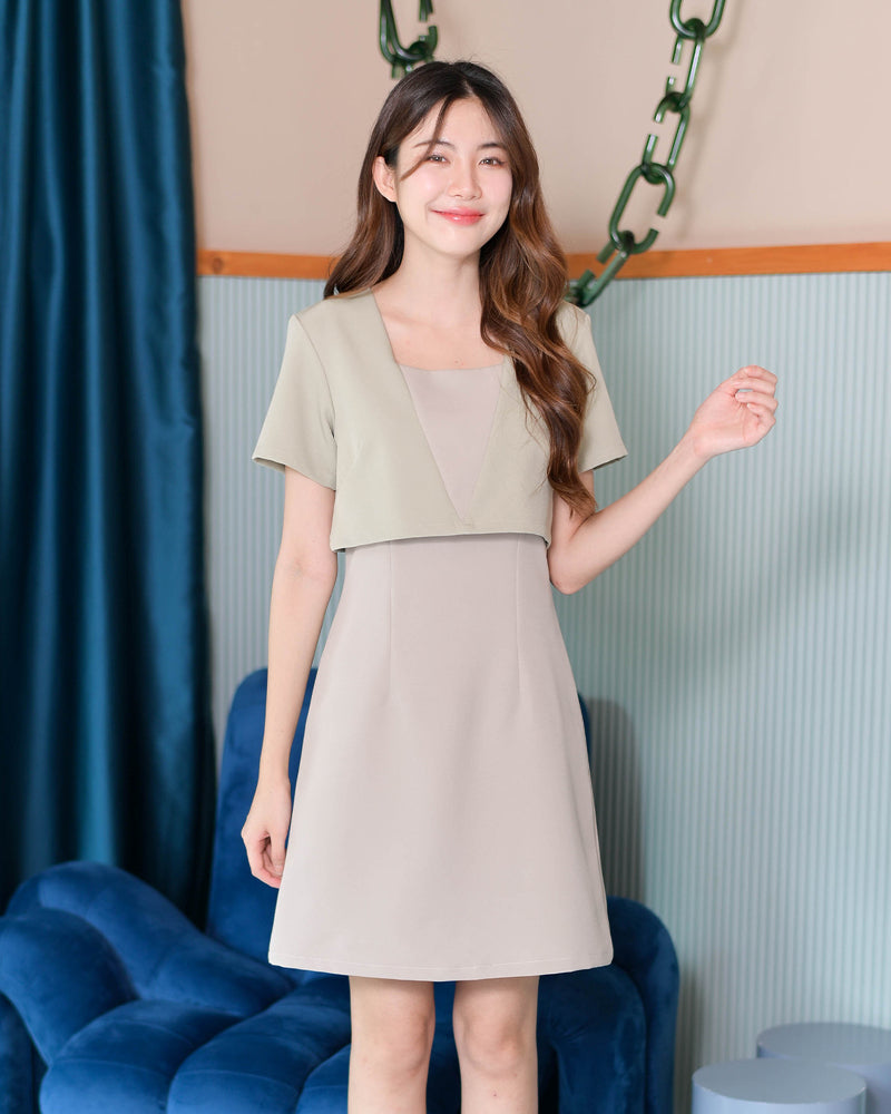 Pluto Dress 特色仿兩件拼色A型連身裙 - Nude Matcha 米綠色 (CB611)
