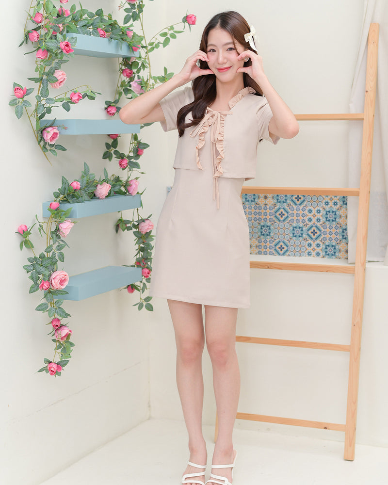Tata Dress 花花仿小外套短袖連身裙- Beige 米色 (CB628)