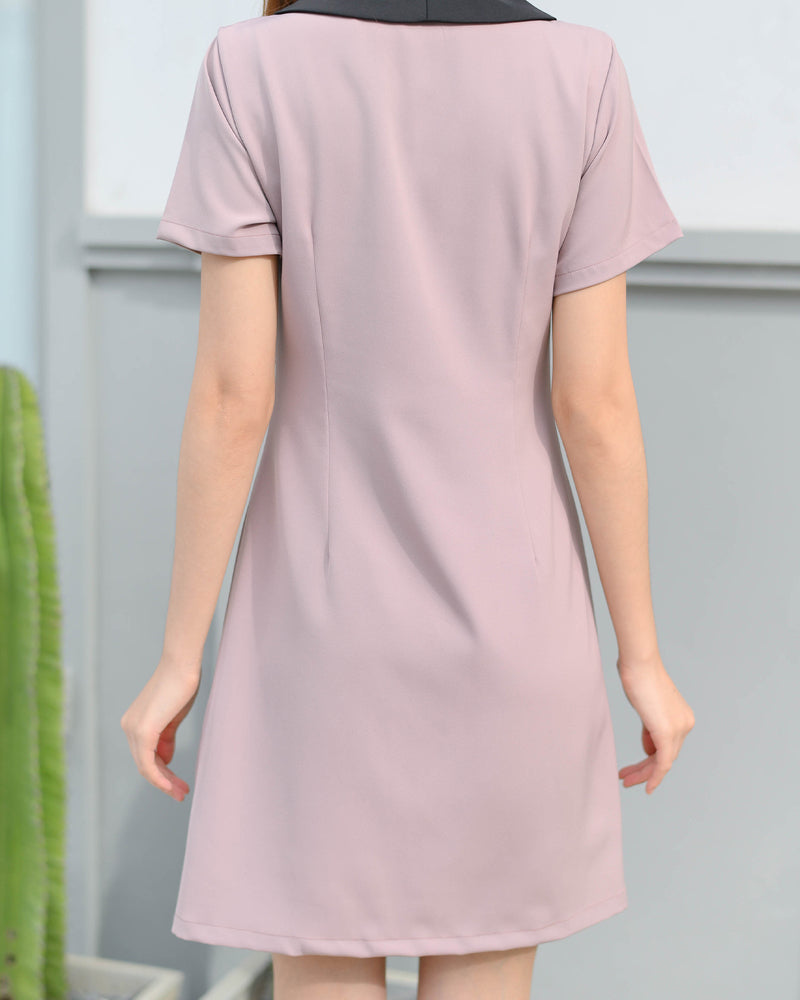 <減價清貨> Shizuka Dress 可愛圓領拼色A字連身裙 -Purple Pink 粉紫色 (CB576)