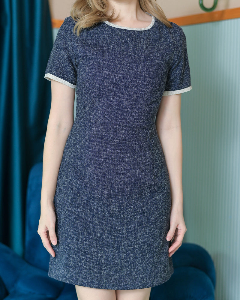 CB609 Benzy Dress 圓領拼色小香風修腰A字連身裙 - Navy 深藍色