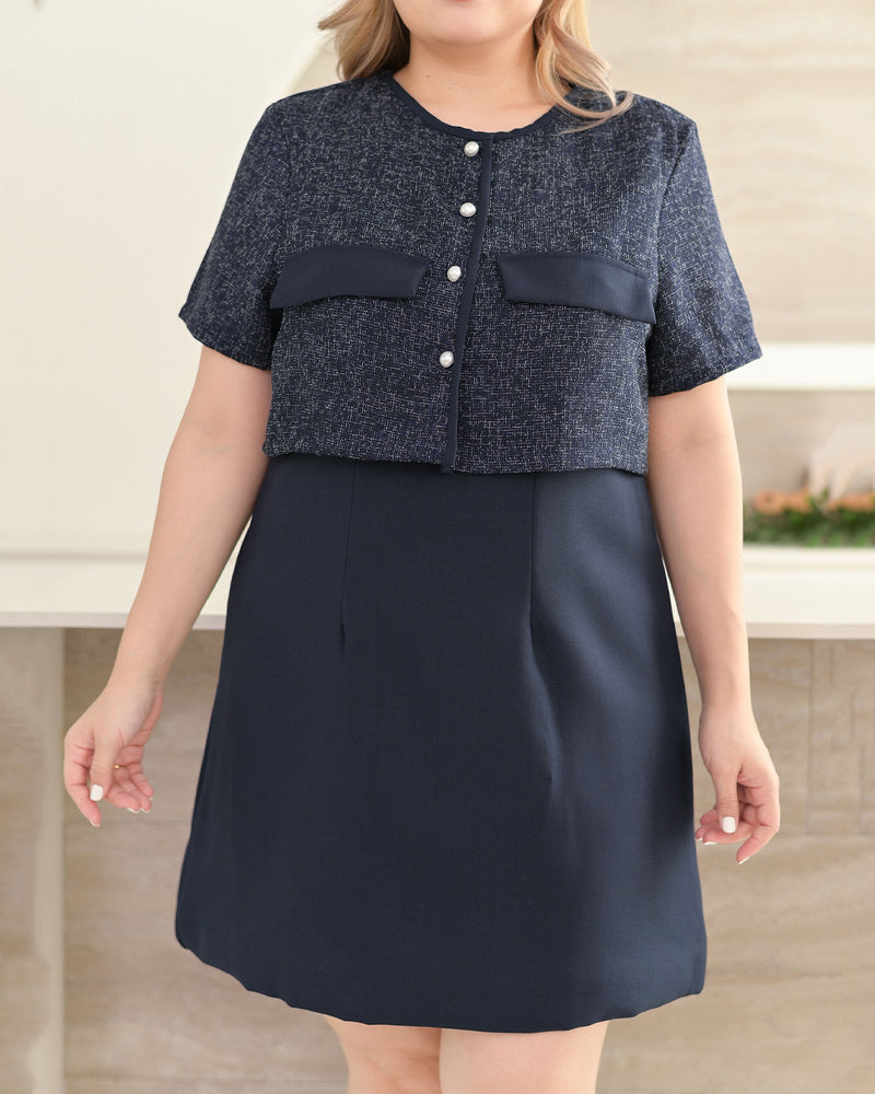 Zuzee Dress 小香風仿兩件外套A字連身裙 - Navy 深藍色 (CB539 Oversize)