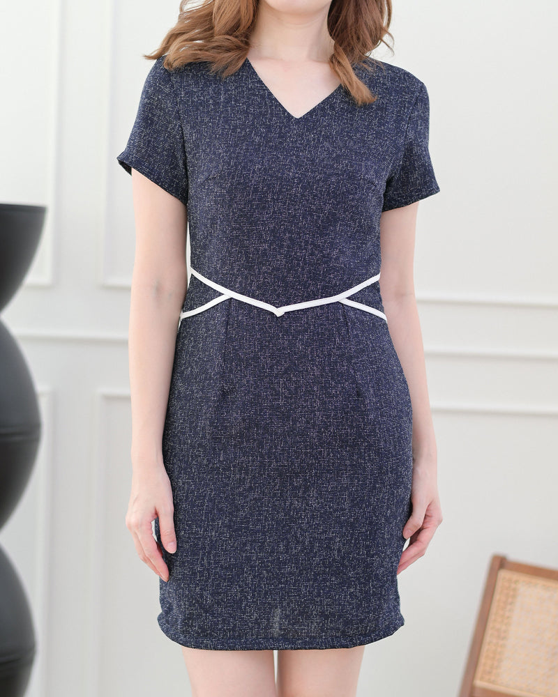 Barbara Dress 最強收腰效果V領短袖連身裙 - Chanell Navy 小香深藍色 (CB548)