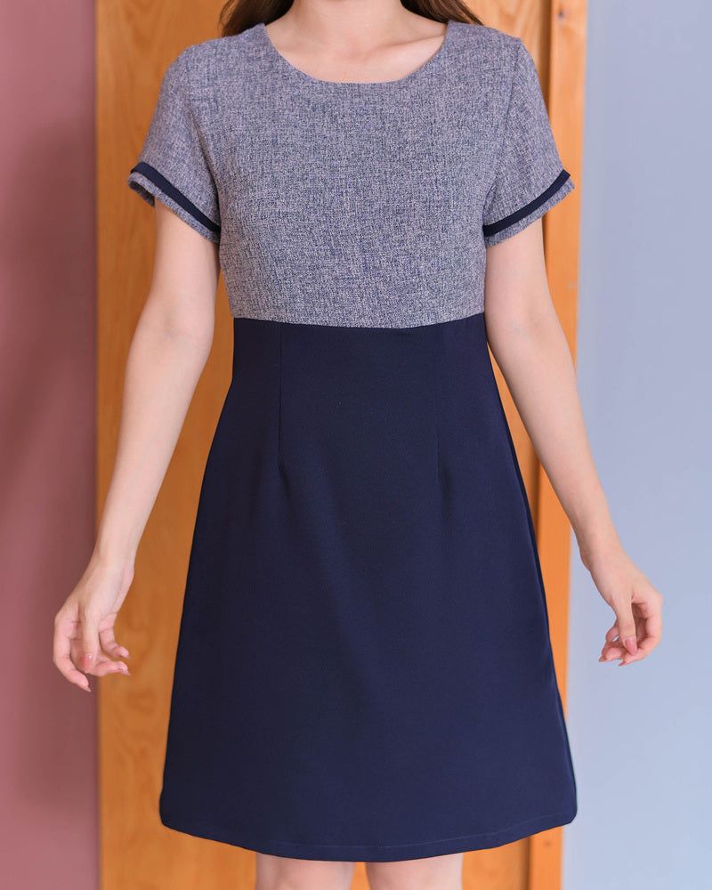 Erin Dress - 上下拼色小圓領修腰連身裙- Navy 深藍色 (CB694)