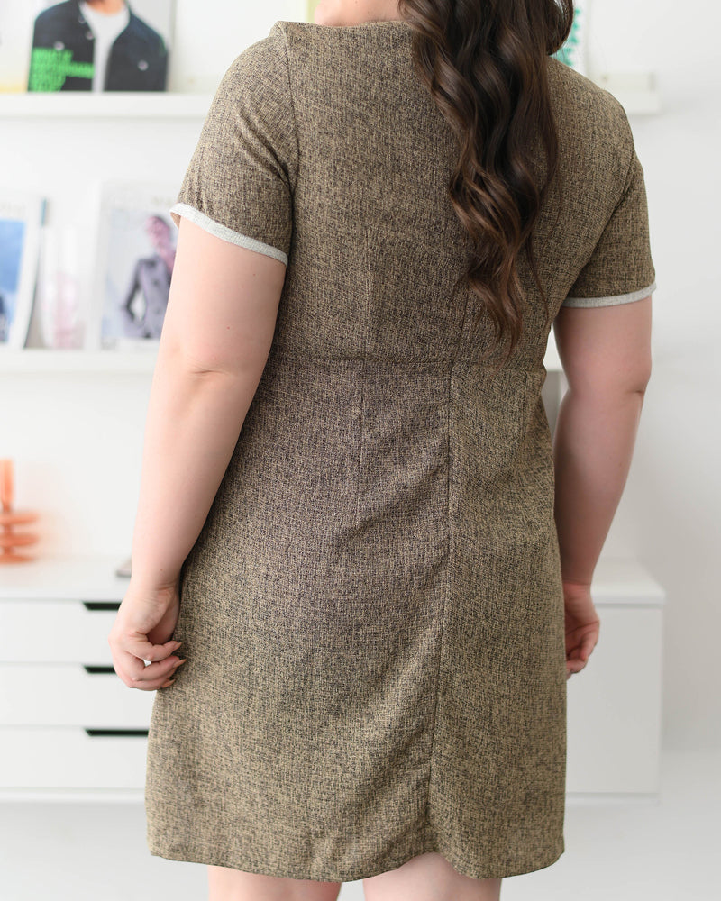 CB609 Benzy Dress 圓領拼色小香風修腰A字連身裙 - Golden Brown 啡金色 (Oversized)