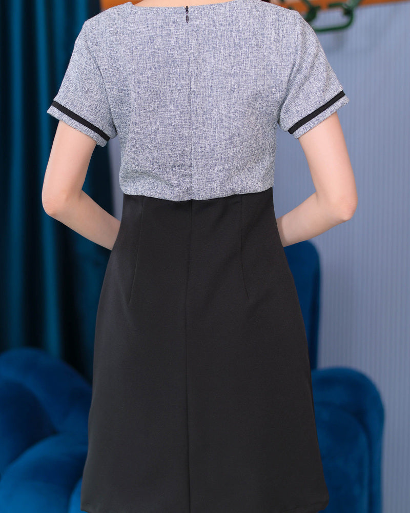 Erin Dress - 上下拼色小圓領修腰連身裙- Black 黑色 (CB694)