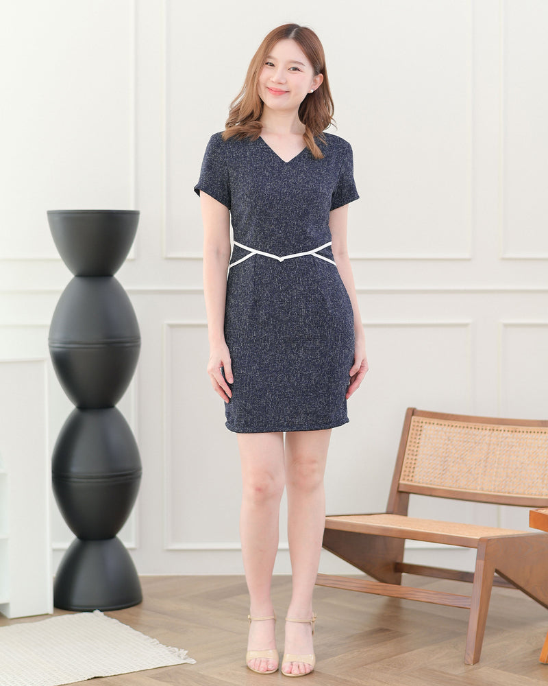 Barbara Dress 最強收腰效果V領短袖連身裙 - Chanell Navy 小香深藍色 (CB548)