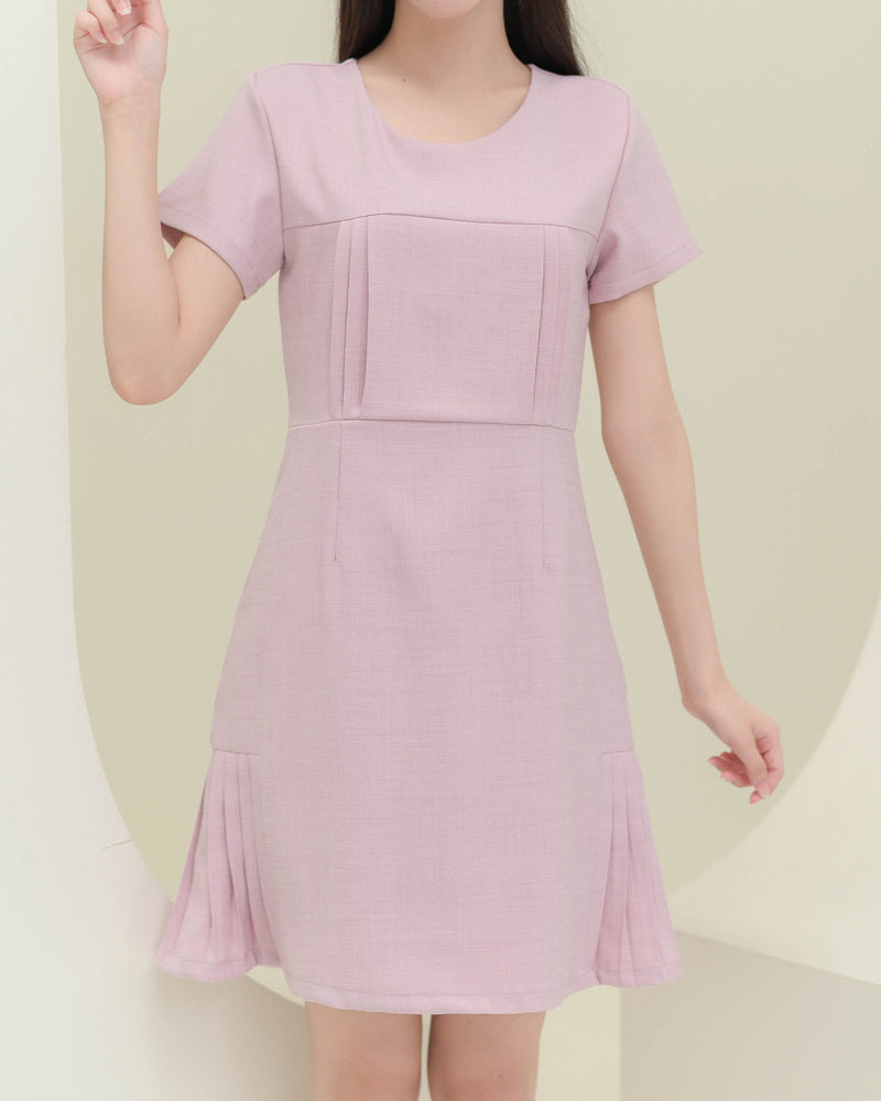 CB687 Nuna Dress -氣質圓領麻質布料連身裙- Pink 粉紅色