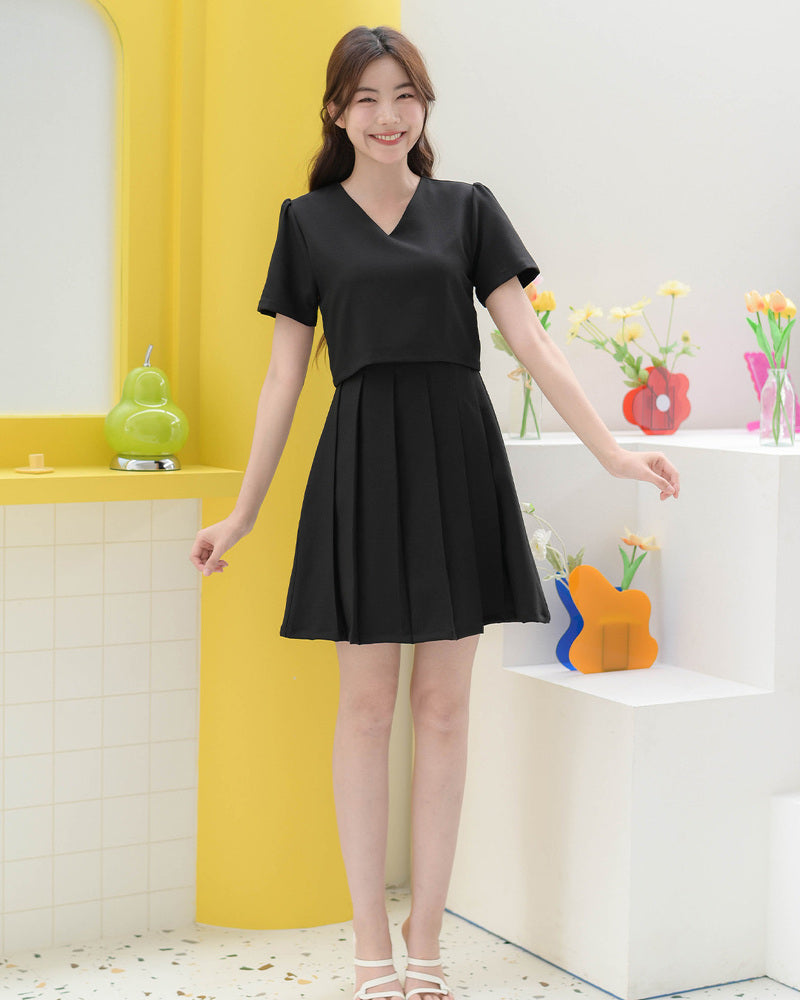CB686 Mira Dress - 仿兩件百褶連身裙- Black 黑色
