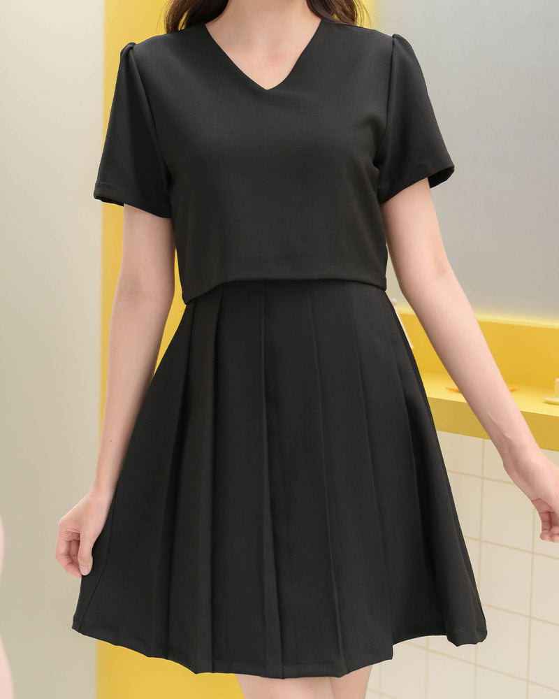 CB686 Mira Dress - 仿兩件百褶連身裙- Black 黑色