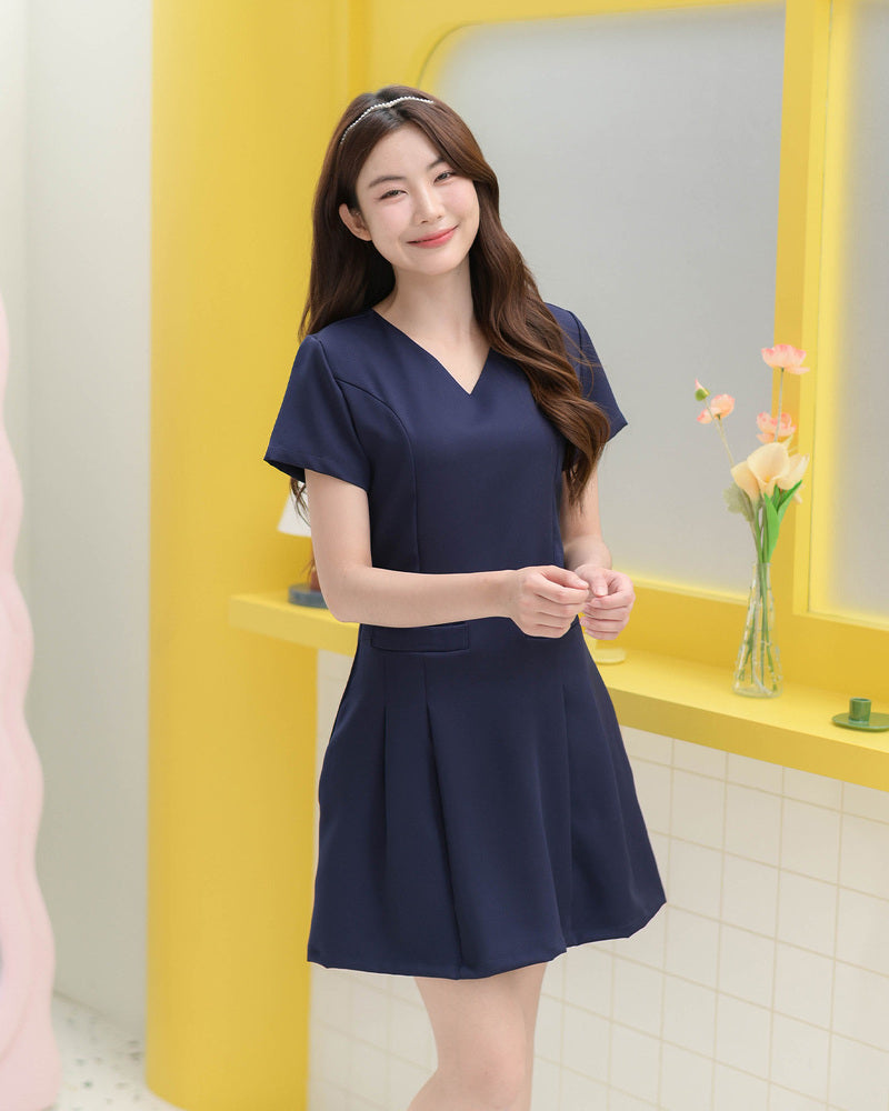 CB685 Barry Dress V領雙袋短袖百褶裙 - Navy 深藍色