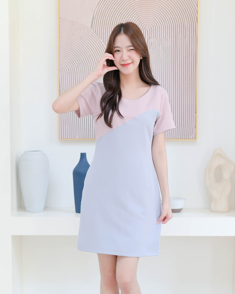 Kate Dress 拼色圓領修身連身裙- Light Blue 淺藍色 (CB622)