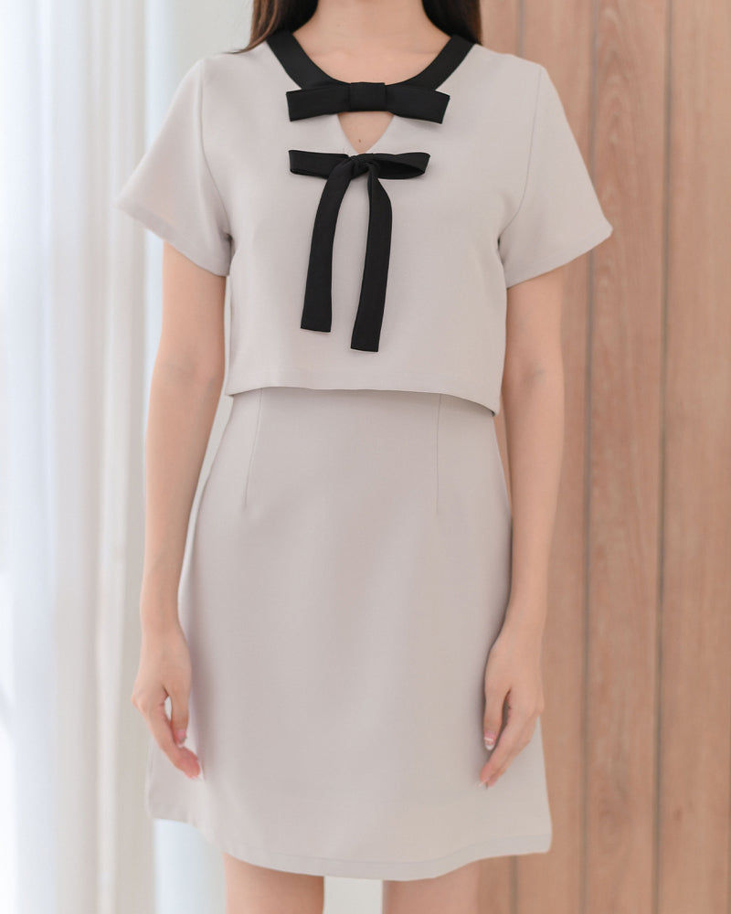 Bowie Dress 雙蝴蝶拼領口短袖連身裙- Light White 米色 (CB627)