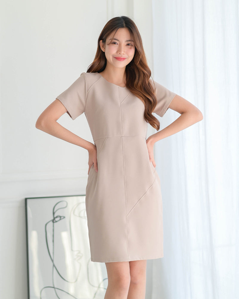 Niko Dress 短袖圓領中長修身連身裙 - Cream 奶油色 (CB613)
