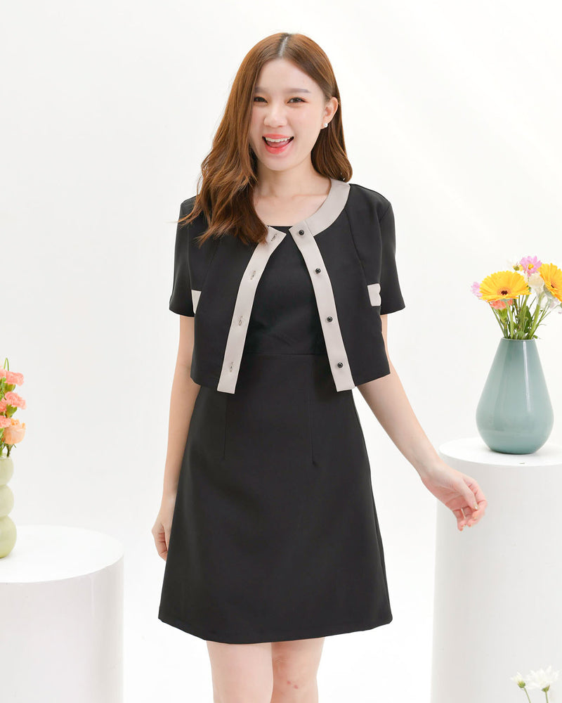 Polly Dress 圓領拼色連身A字裙- Black 黑色 (CB568)