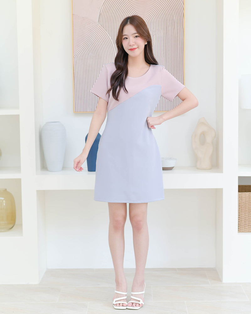 Kate Dress 拼色圓領修身連身裙- Light Blue 淺藍色 (CB622)