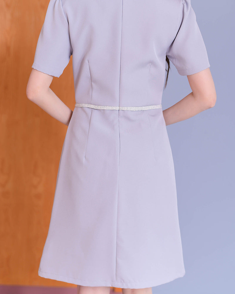 Esther Dress - 拼色小蝴蝶結領口連身裙- Blue Grey 灰藍色 (CB693)