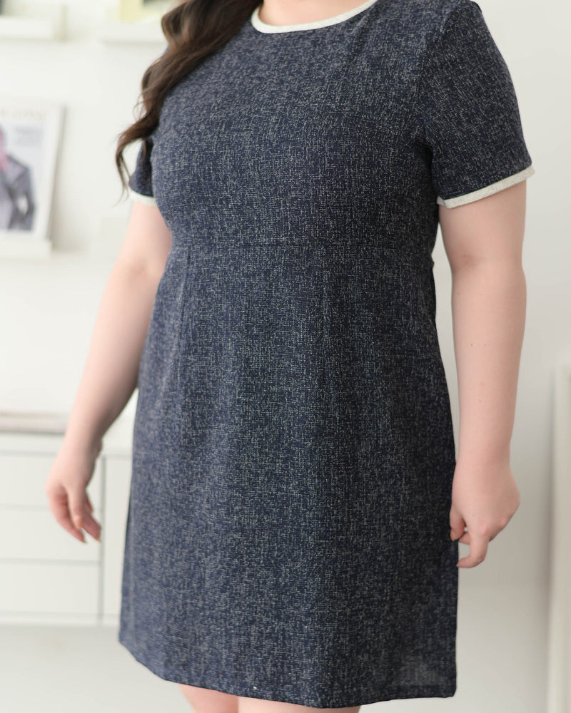 CB609 Benzy Dress 圓領拼色小香風修腰A字連身裙 - Black 黑色 (Oversized)