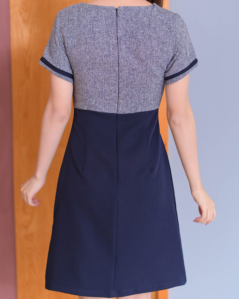 Erin Dress - 上下拼色小圓領修腰連身裙- Navy 深藍色 (CB694)