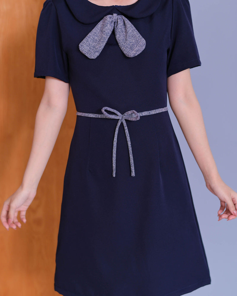 Esther Dress - 拼色小蝴蝶結領口連身裙- Navy 深藍色 (CB693)