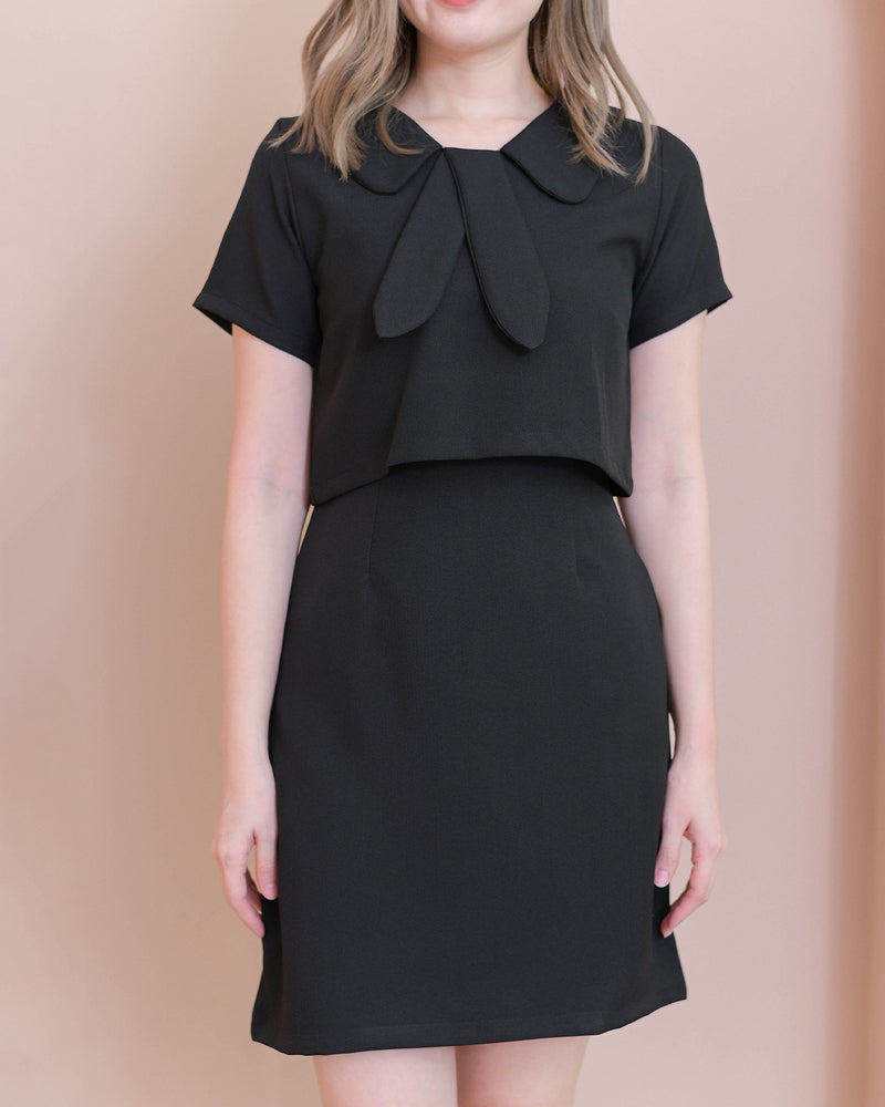 Andi Dress 小領呔圓領仿兩件短袖連身裙- Black 黑色 (CB599)