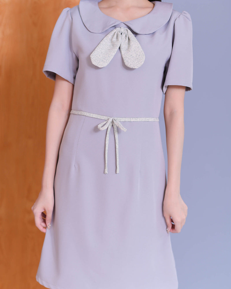 Esther Dress - 拼色小蝴蝶結領口連身裙- Blue Grey 灰藍色 (CB693)