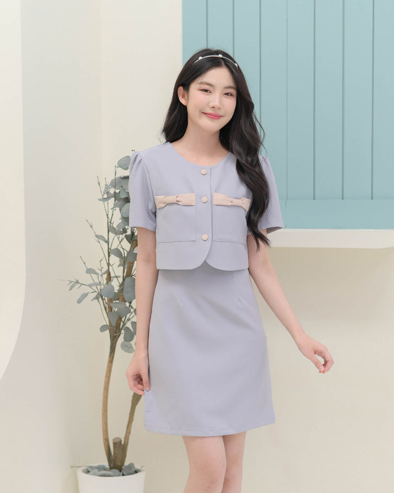 Bomin Dress -氣質仿兩件套裝連身裙- Grey Blue 灰藍色 (CB689)