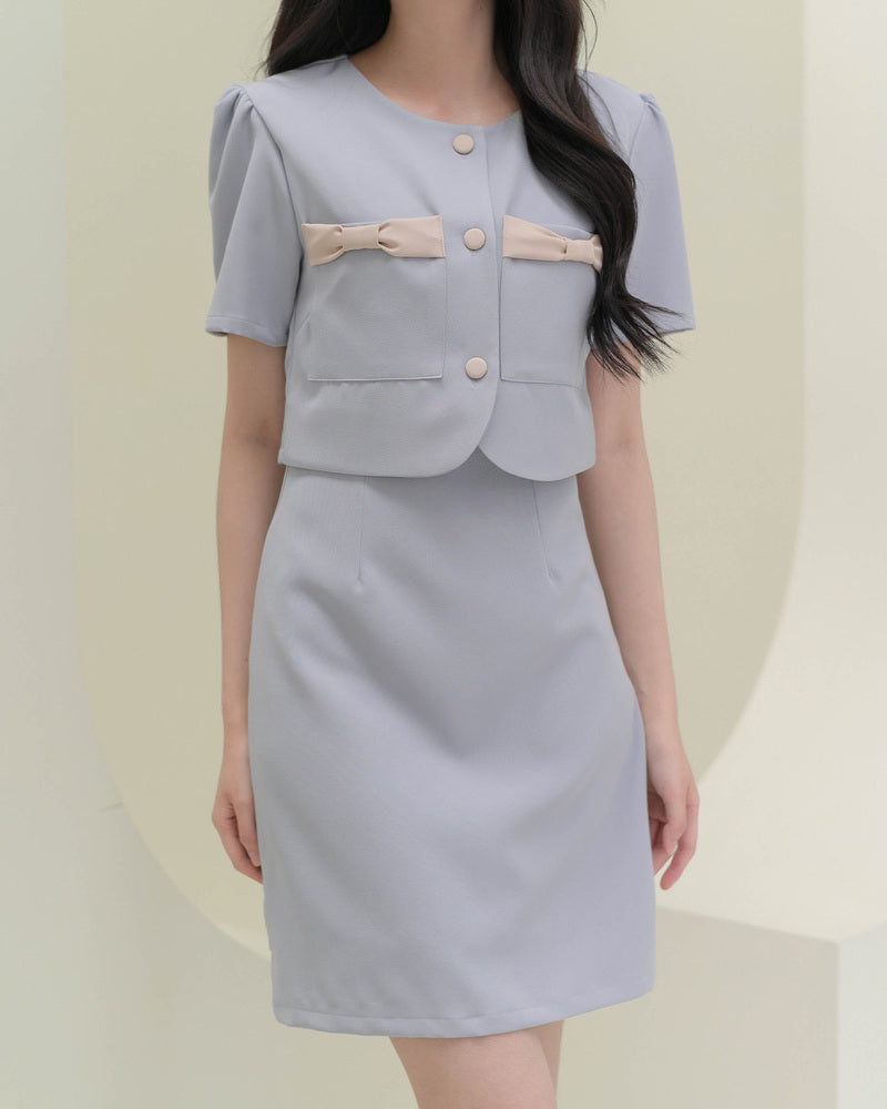Bomin Dress -氣質仿兩件套裝連身裙- Grey Blue 灰藍色 (CB689)