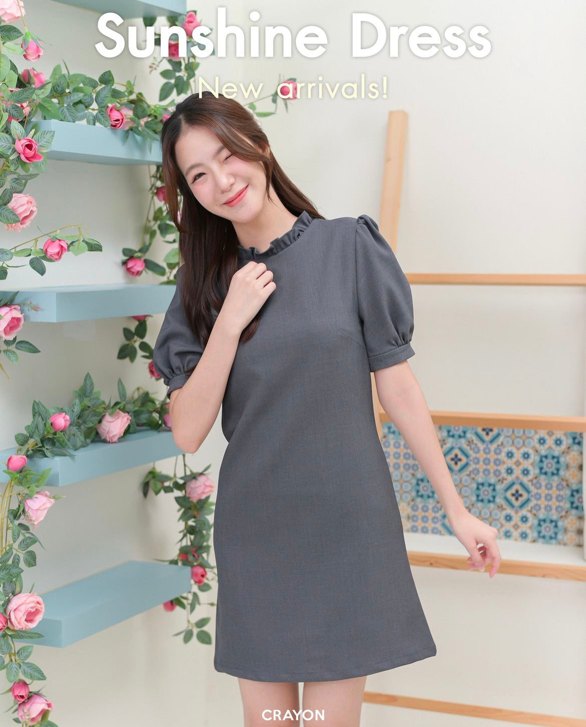 Sunshine Dress 圓領泡泡袖直身連身裙- Dark Gray 深灰色 (CB620)