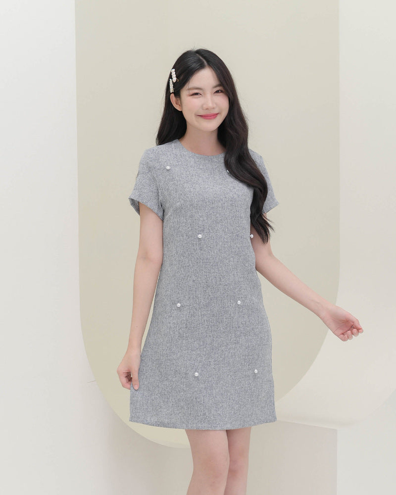 Anda Dress -秋冬配搭珍珠配飾圓領連身裙- Grey 灰色 (CB688)