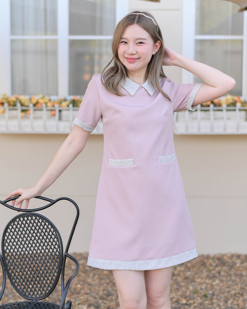 Icream dress 可愛小領口拼色口袋A型連身裙 - Light Pink 淺粉紅色 (CB612)