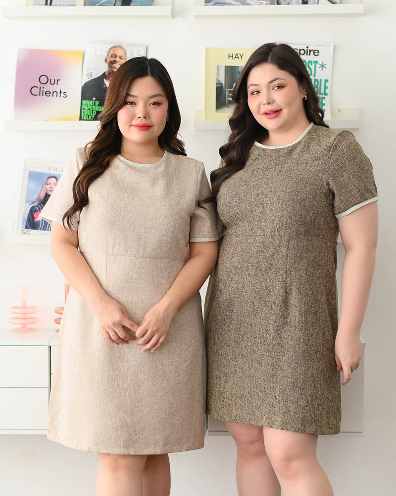 CB609 Benzy Dress 圓領拼色小香風修腰A字連身裙 - Beige 米色 (Oversized)