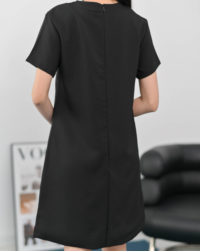 <全新西裝布料>Neo Dress 純色短袖圓領設計休閑連身裙 - Black 黑色 (CB554S)