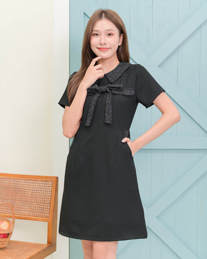 Liya Dress 蝴蝶結領口A字連身裙 - Black 黑色 (CB638)