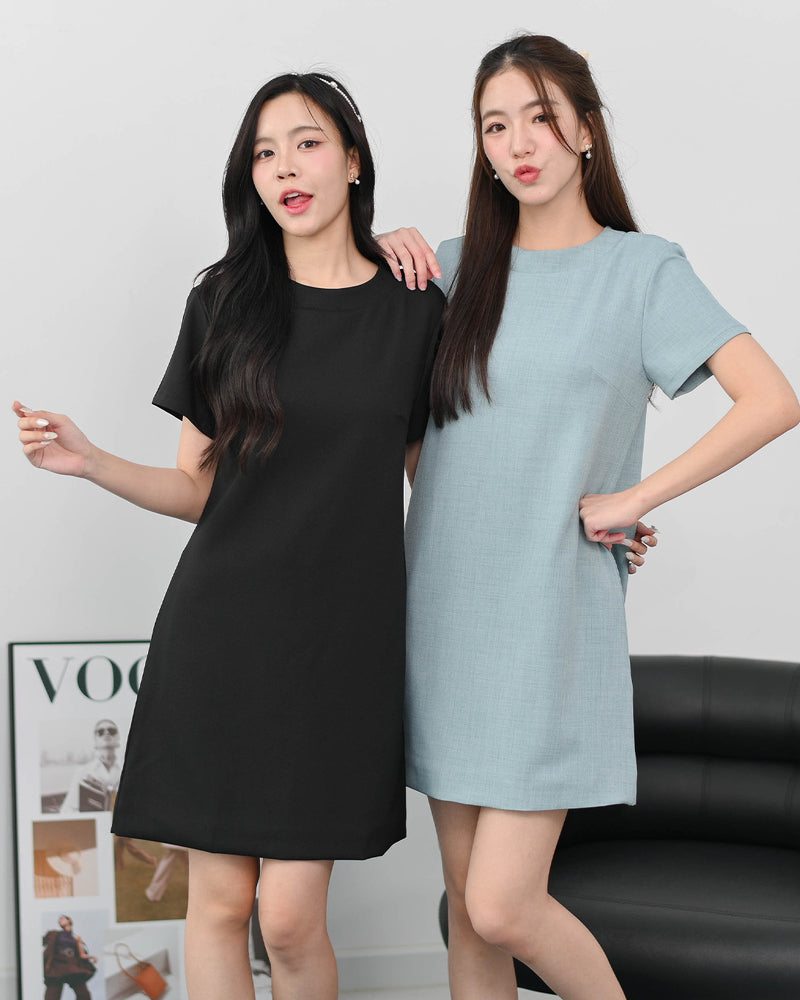 <全新西裝布料>Neo Dress 純色短袖圓領設計休閑連身裙 - Black 黑色 (CB554S)